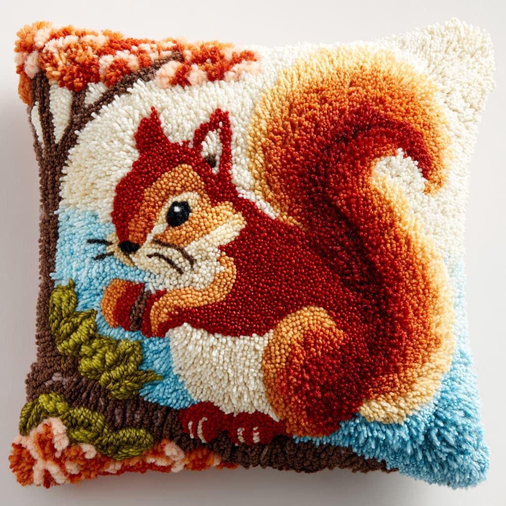 Taxpy DIY Rug Pillow Cover Latch Hook Cushion Kits, Animal Squirrel Needlework Pillow Cover Sofa Cushion Rug Making Kits,17x17inch