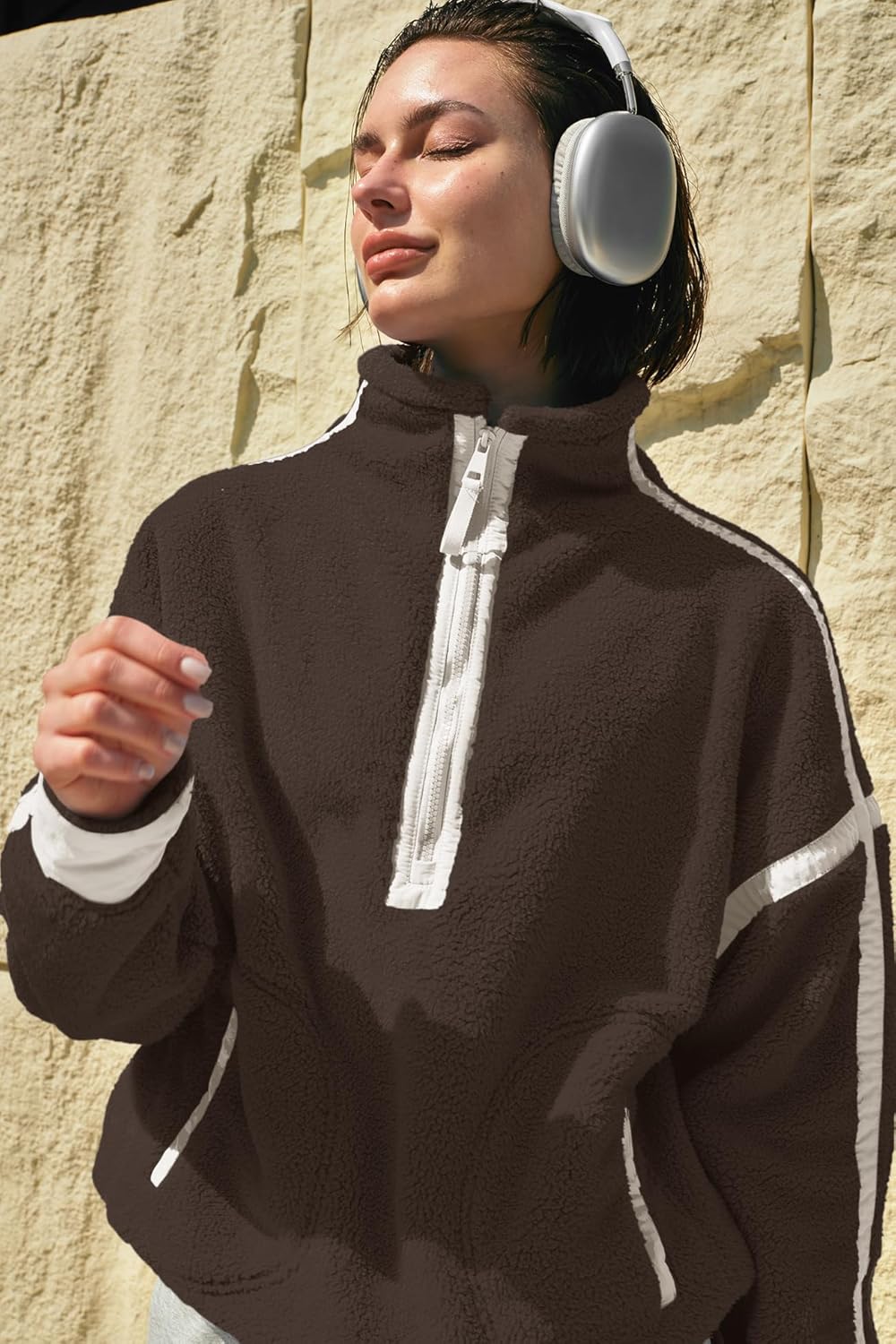 Panadila Womens Half Zip Sherpa Fleece Pullover Soft Oversized Sweatshirt with Pockets Warm Fuzzy Sweater - Image 6