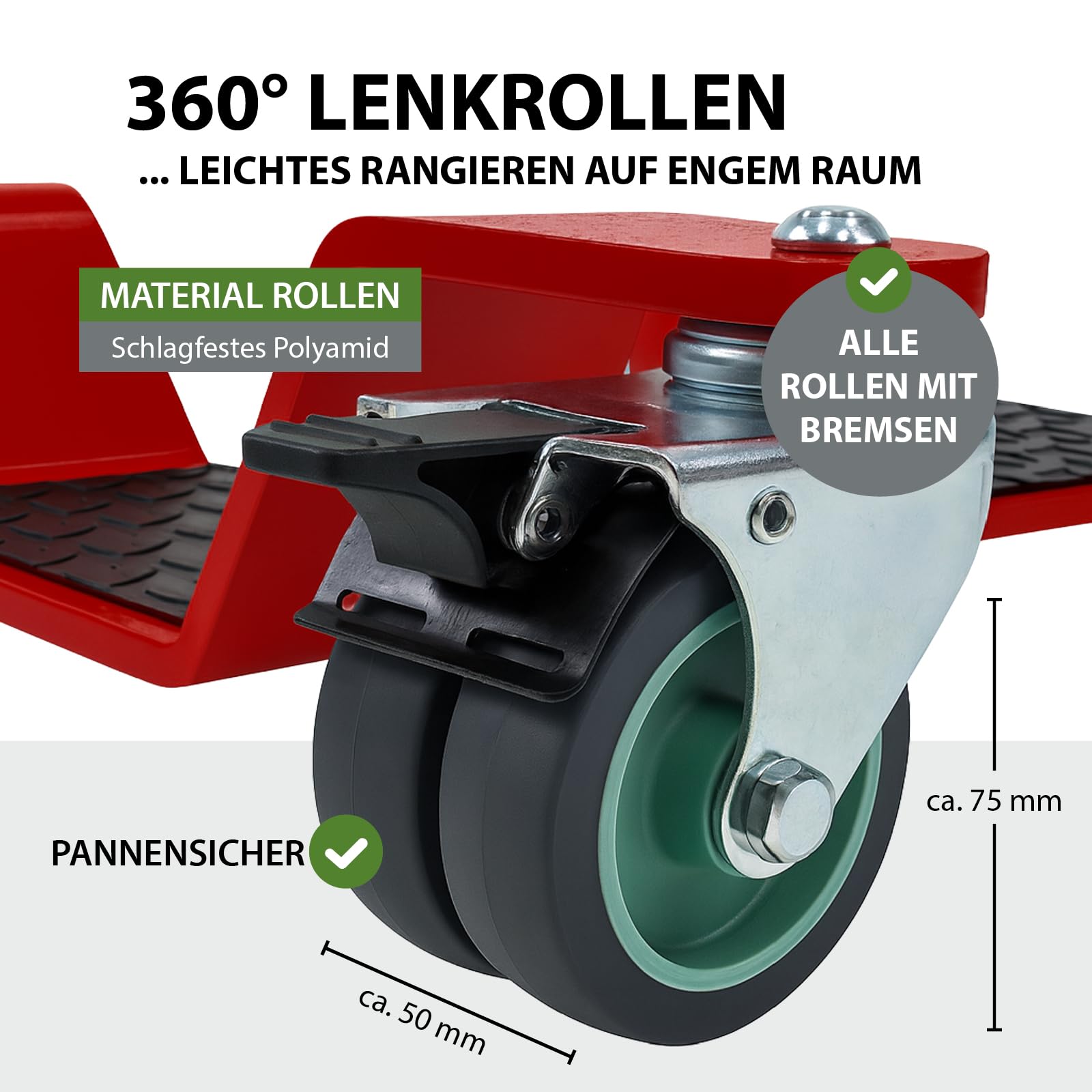 TRUTZHOLM Rangierhilfe für Motorrad mit Hauptständer Tragkraft 450 kg Rangierplatte extra-flach mit 4x Doppenrollen 360° schwenkbar und 4x Feststellbremse Rangierroller 10 mm dicker Stahl in rot
