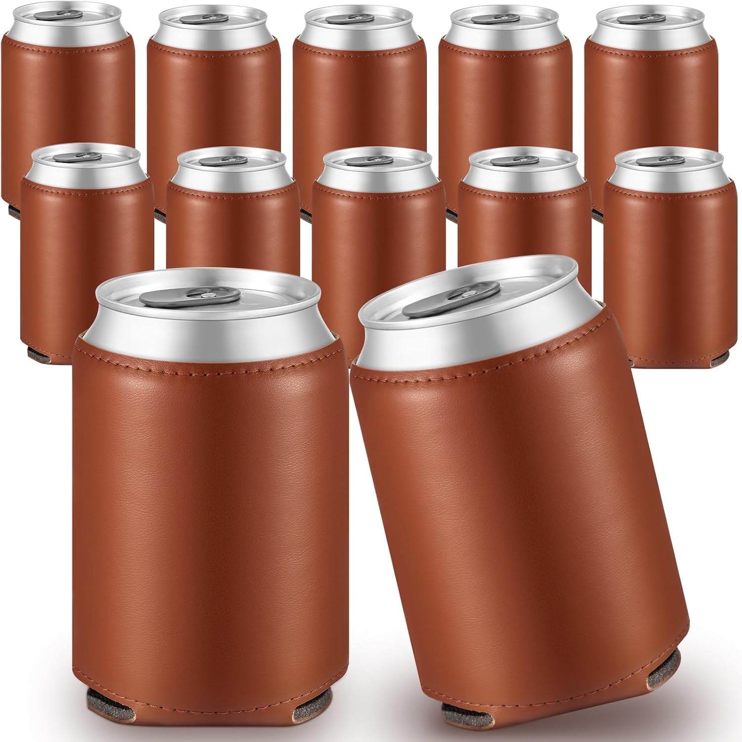 12 Pcs Wedding Grooms Bridal Teams Cooler Sleeves 12oz PU Can Insulator Holder Beverage Cooler Sleeves Bulk Wedding Blank Beer Can Holder for Men Gifts Party Favors(Leather,Brown)