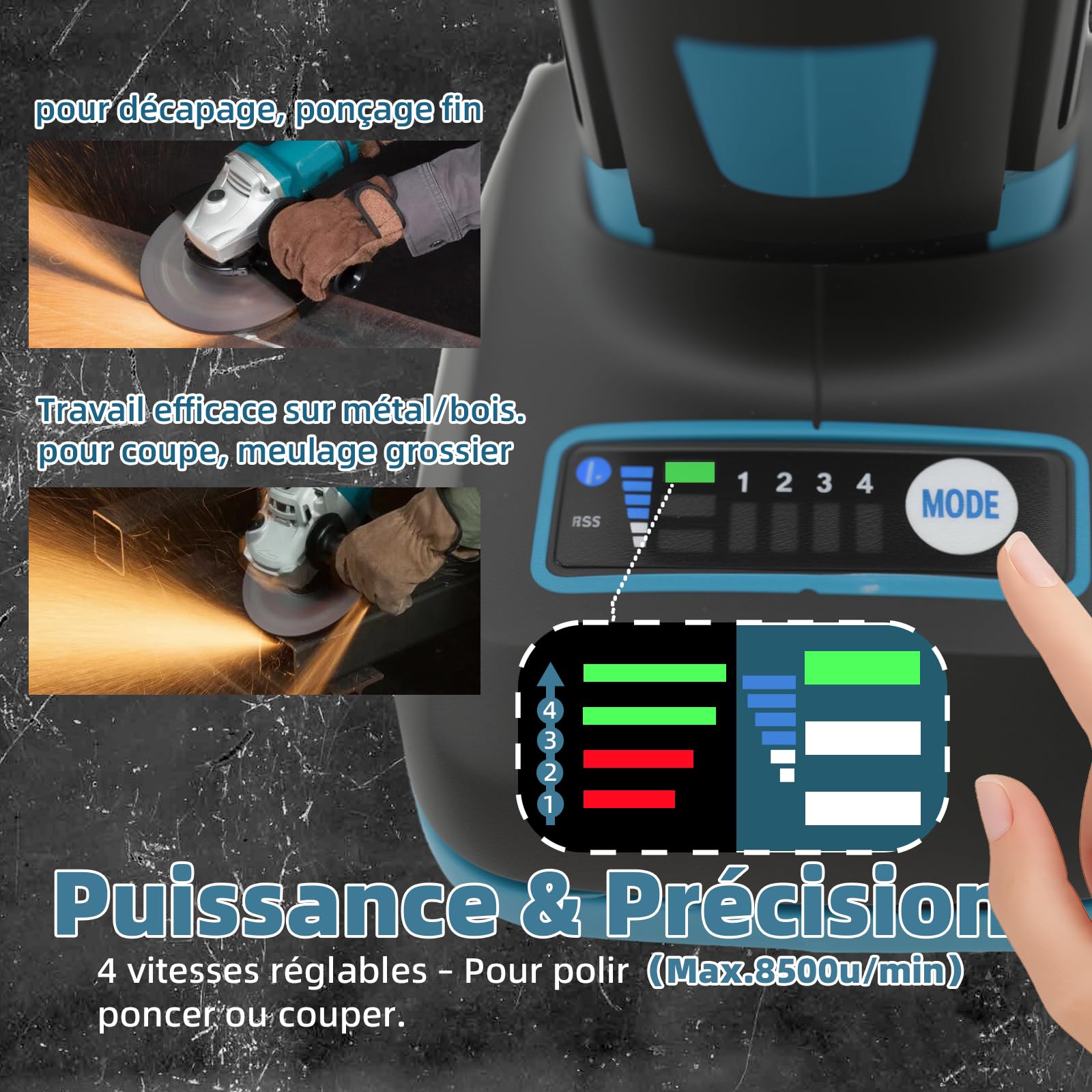 Meuleuse d'angle sans fil compatible avec Makita 18 V, 8500 tr/min, 4 niveaux de vitesse, disque abrasif de 125 mm avec clé de meulage pour meuler, couper et polir (sans batterie)