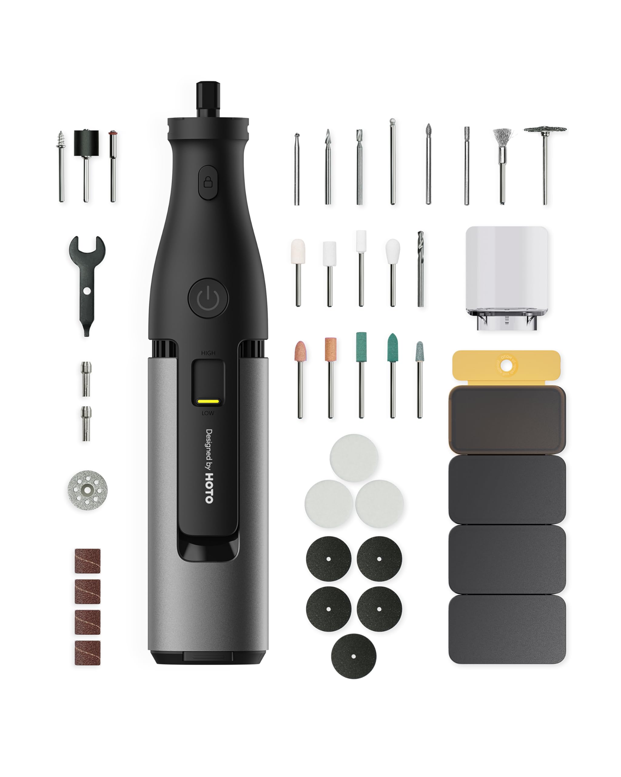 HOTO Amoladora Eléctrica, Multiherramienta de 12V con Luz LED, 5000-35000 RPM, Herramienta Rotativa con 37 Accesorios, para Grabar, Taladrar, Cortar y Esmerilar