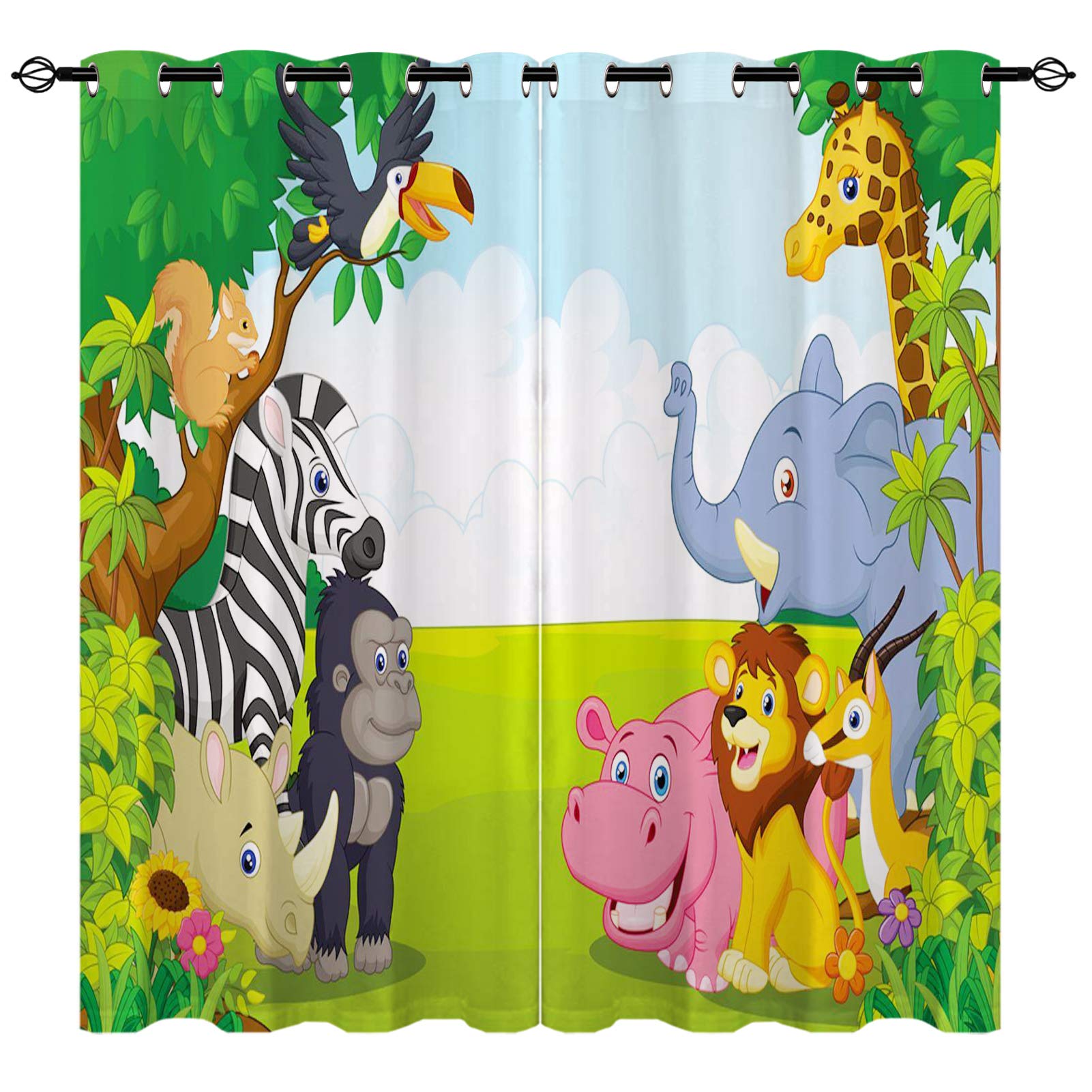 Yuanzu Boys Multi 2 Kids Blackout Curtains For Bedroom, Cartoons Jungle Animals Zoo Family 3D Pattern Eyelet Thermal Insulated Printed Curtains For Playroom Nursery, Set Of 2 Panels W168cm (66") X D137cm (54")