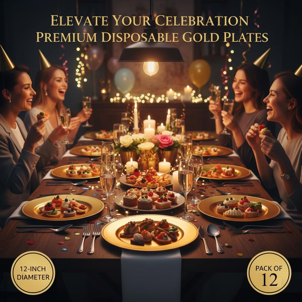 DAYUMKOU 12 PC Gold Chargers for Dinner Plates, 12 Inch Round Beaded Gold Plastic Plates for Catering Event Wedding Party Table Decor