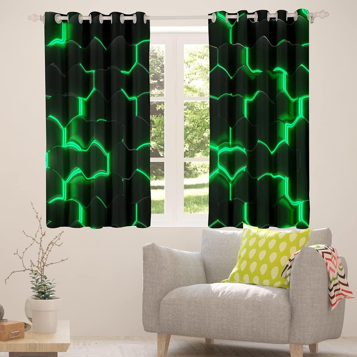 Honeycomb Window Curtains,Geometric Hexagon Theme with Green Neon Lights Curtains,Boys Teen Man Chic Home,Black 42W X 84L,2 Panels