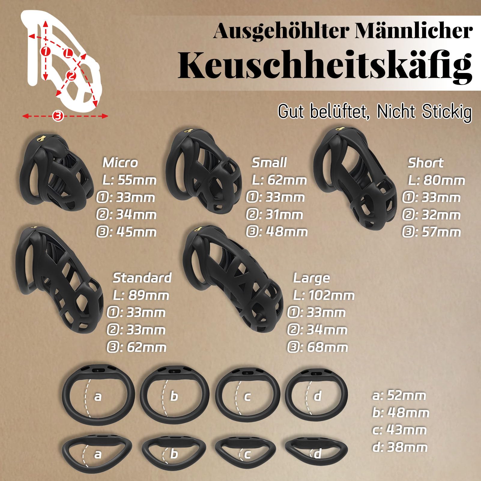 SeLgurFos Nylon Resin chastity Device for Men, 3D Lightweight Chastity Cage with 4 Carabiners in Different Sizes for Mens, Chastity Lock Male BDSM Adult Sex Toys (Small,Black)