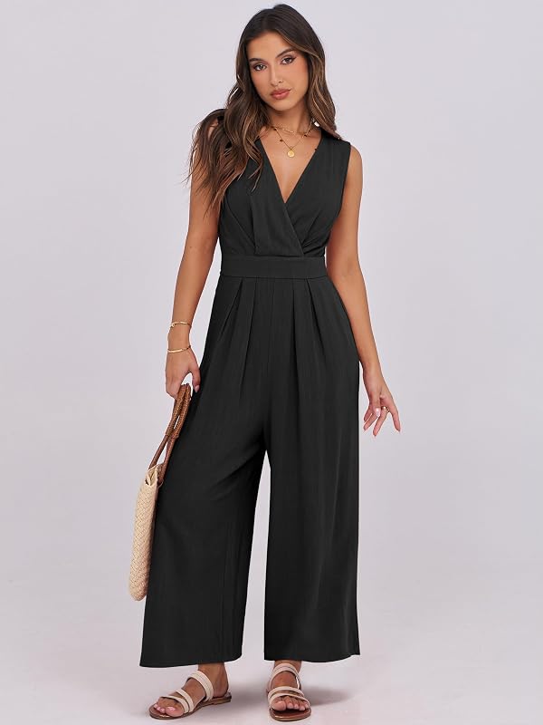 ANRABESS Women's Linen Sleeveless Wrap Jumpsuits,Black,L image 3