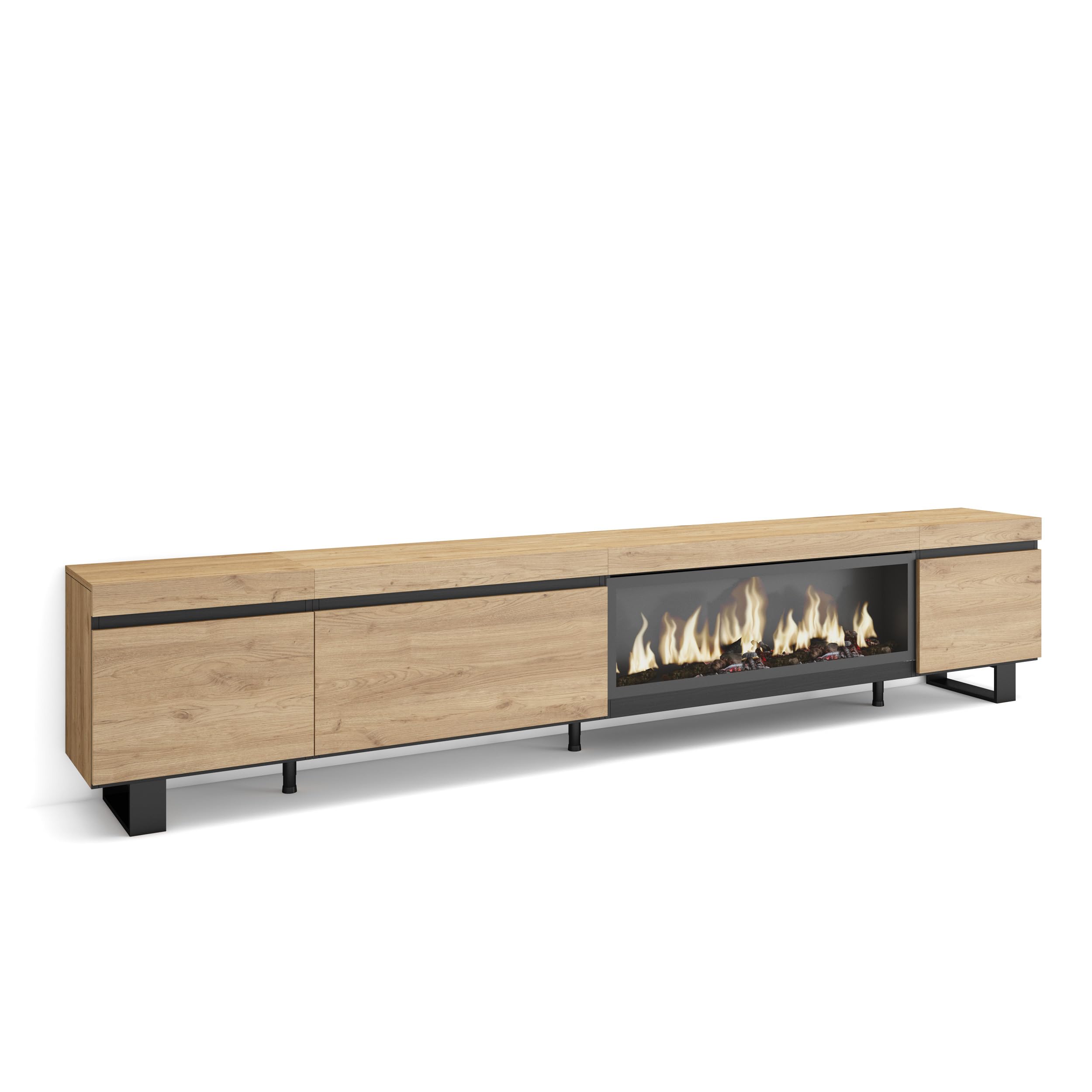 Skraut Home | Mueble TV | Televisión | Muebles de salón, almacenaje | 288x57x35 cm | para TV Gran Formato | Chimenea eléctrica XXL | Diseño Industrial | Estilo Moderno | Roble