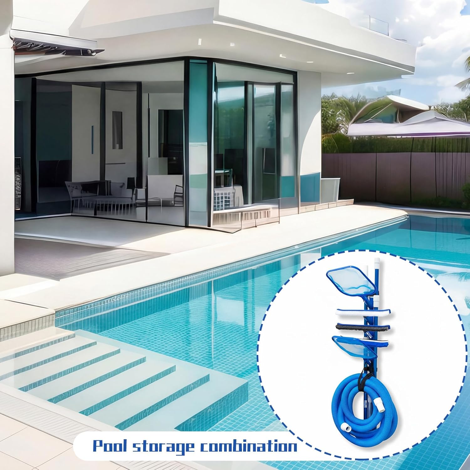 6 Pcs Swimming Pool Accessories Holder Set 4 Pool Pole Hanger Cleaning Maintenance Tool Equipment Organizer Storage Hooks Racks for Telescopic Poles Skimmers Nets Leaf Rake Brush Vacuum Hose