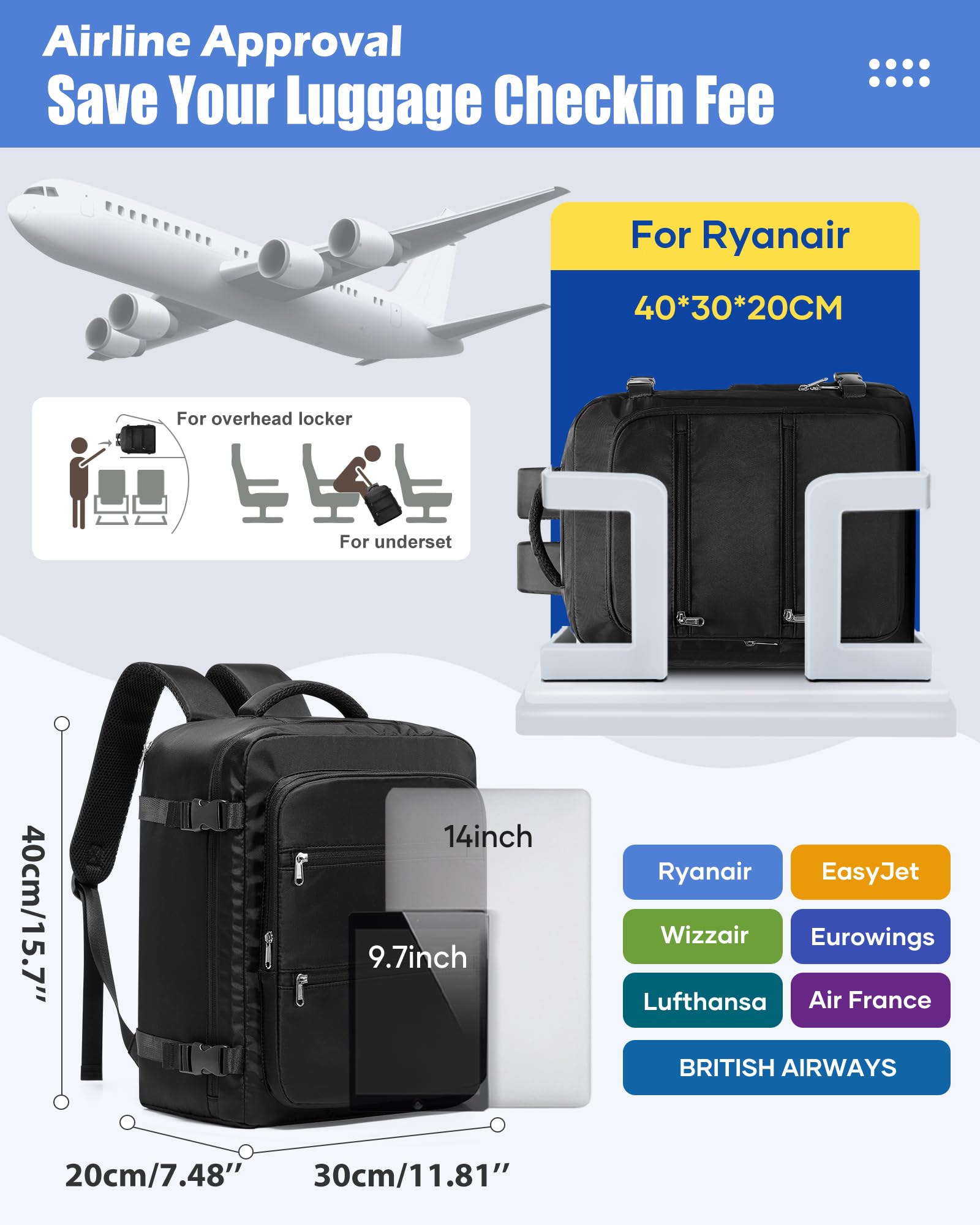 Zaino Ryanair 40x30x20 Zaino da Viaggio Aereo Bagaglio a Mano per Wizz Air 40x20x25 Borse Cabina Zaini Casual Donna Uomo per Laptop da 14 Pollici Scuola Lavoro Nero