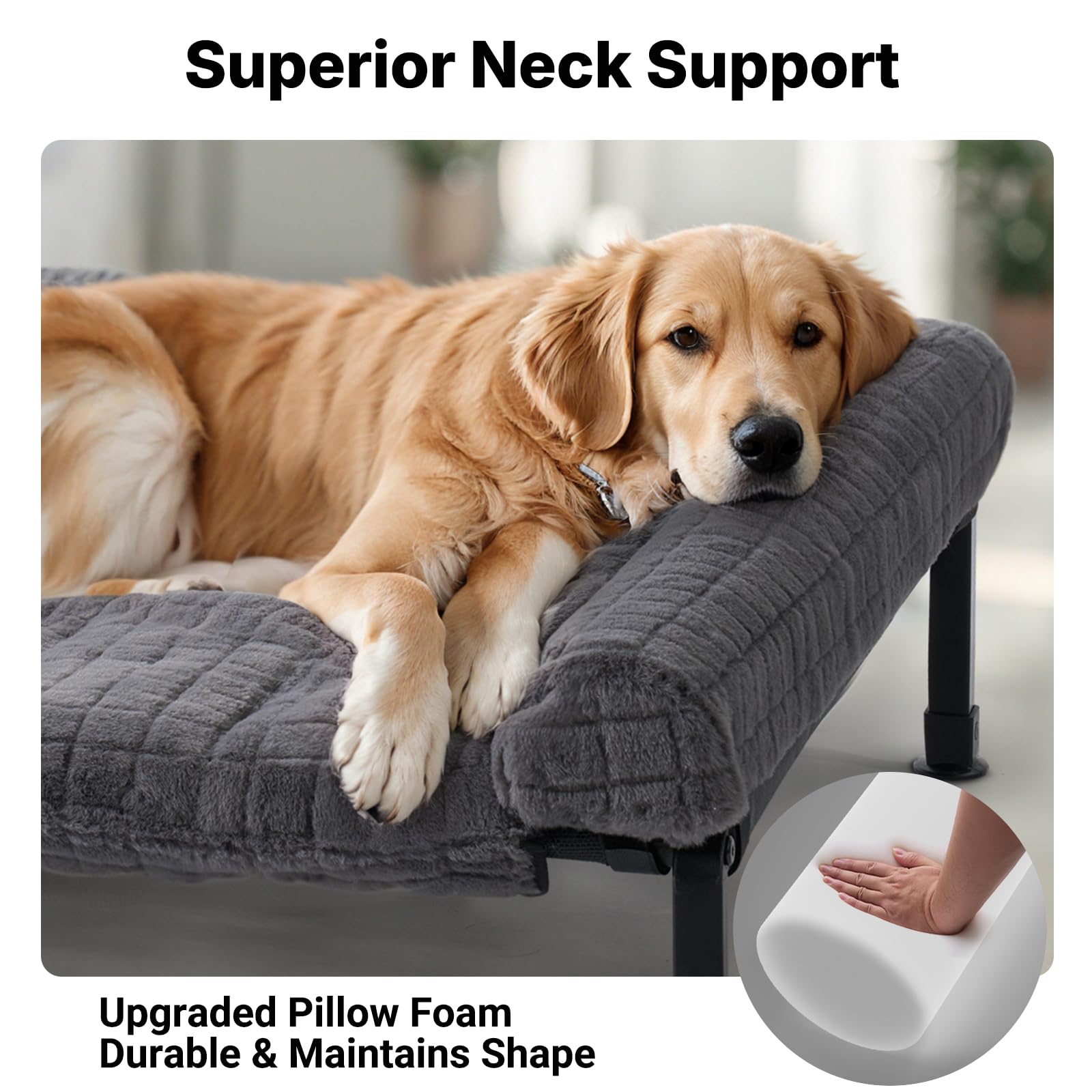 Veehoo Elevated Dog Bed Large Sized with Fluffy Plush Bolster Cushion, Washable Orthopedic Dog Couch Bed, Cooling Raised Pet Cot with Removable Mat, Breathable Mesh, No-Slip Feet, 53 x 37 inches, Grey - image 2