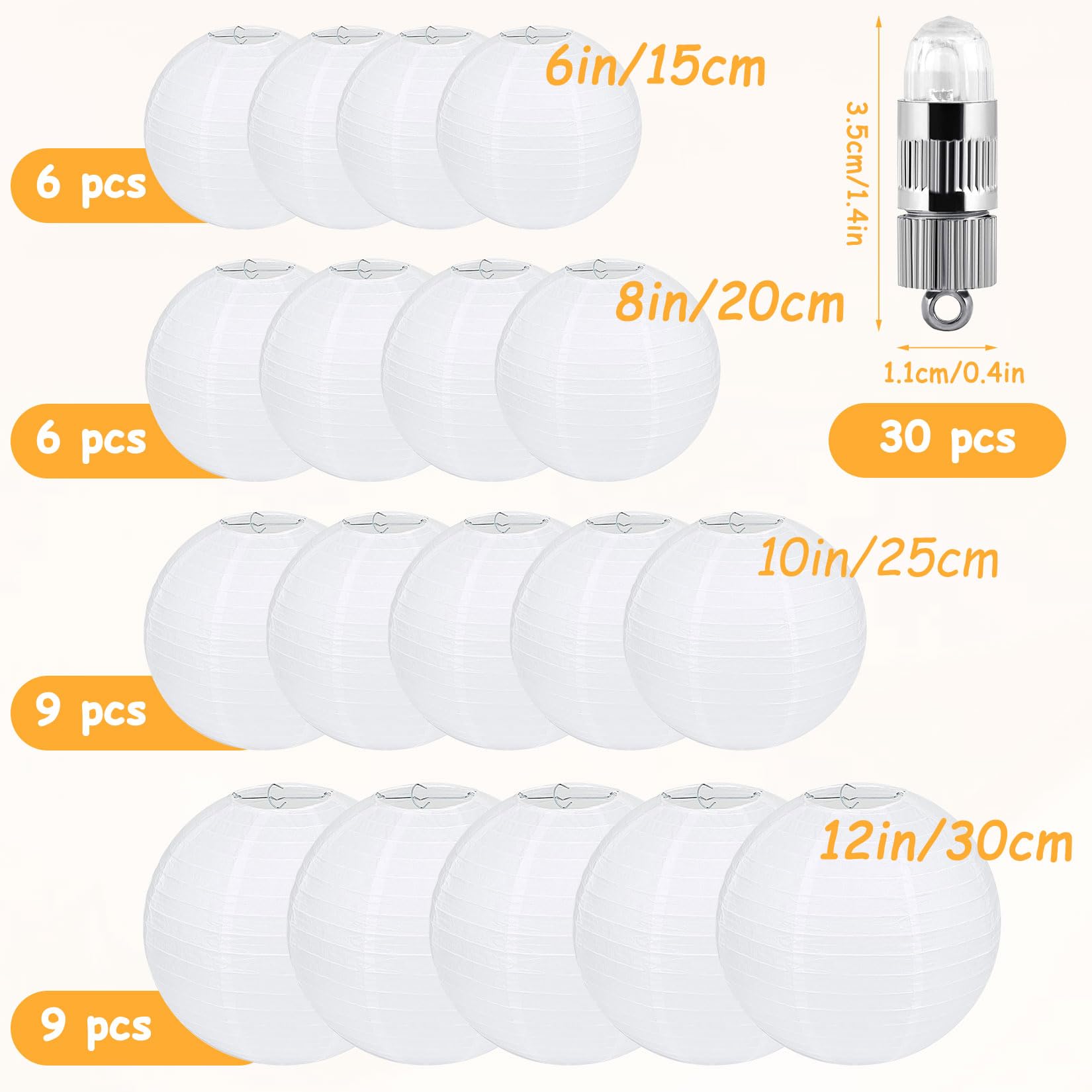 Idota 30 Stück Papierlampions Weiß mit LED Lichter, Hängende Papierlaternen mit 30 Warmweiß Mini LED Ballons Lichter Runde Papier Lampenschirm für Deko Hochzeit Gartenparty (Ø 15cm/20cm/25cm/30cm)