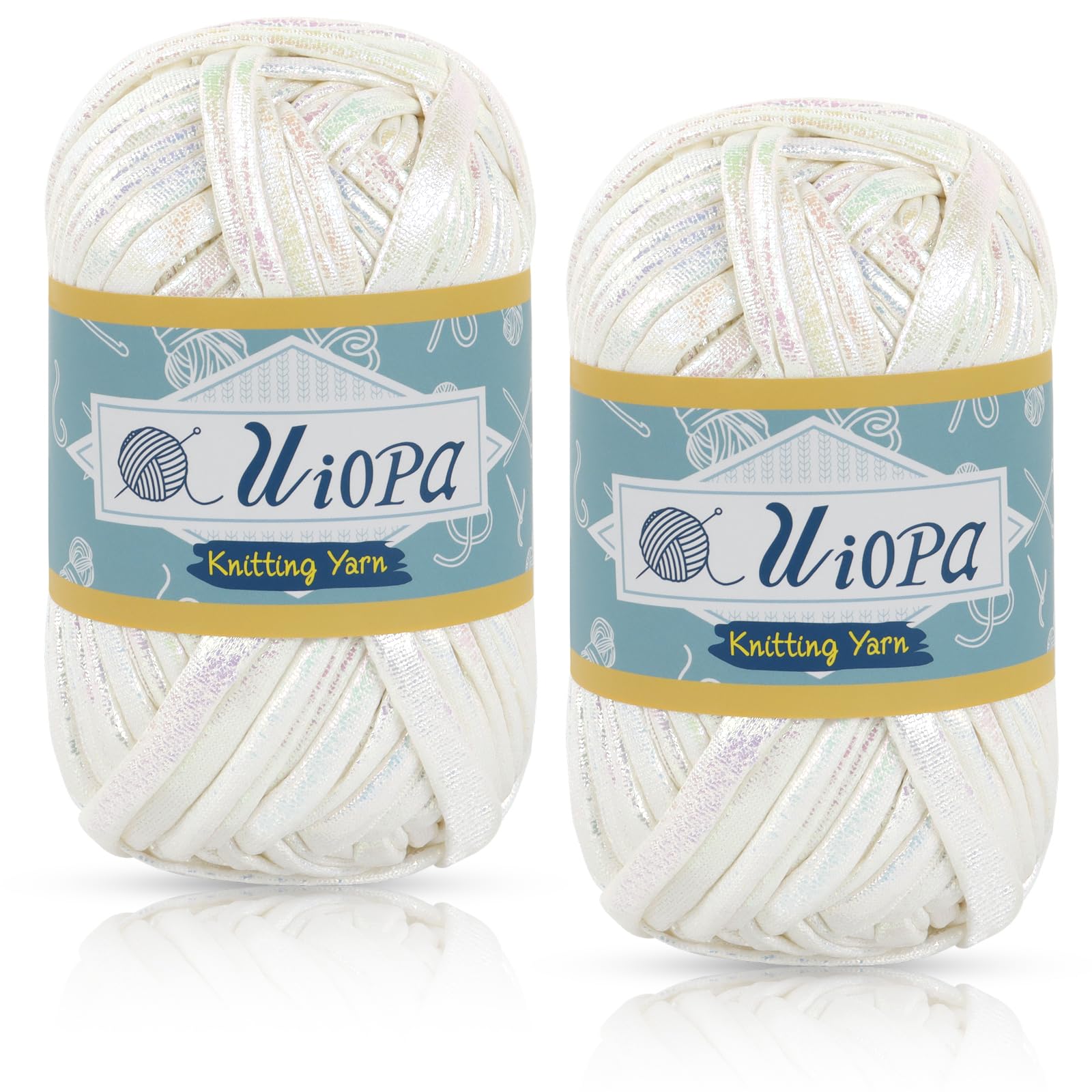 Uiopa Metallic T-Shirt Yarn, 2 x 100g(2 x 33m) Knitting Fabric Cloth Tshirt Yarn, Polyester Chunky Crochet Ribbon for Crocheting Bags, Baskets, Home Decor, DIY Crafts (White)