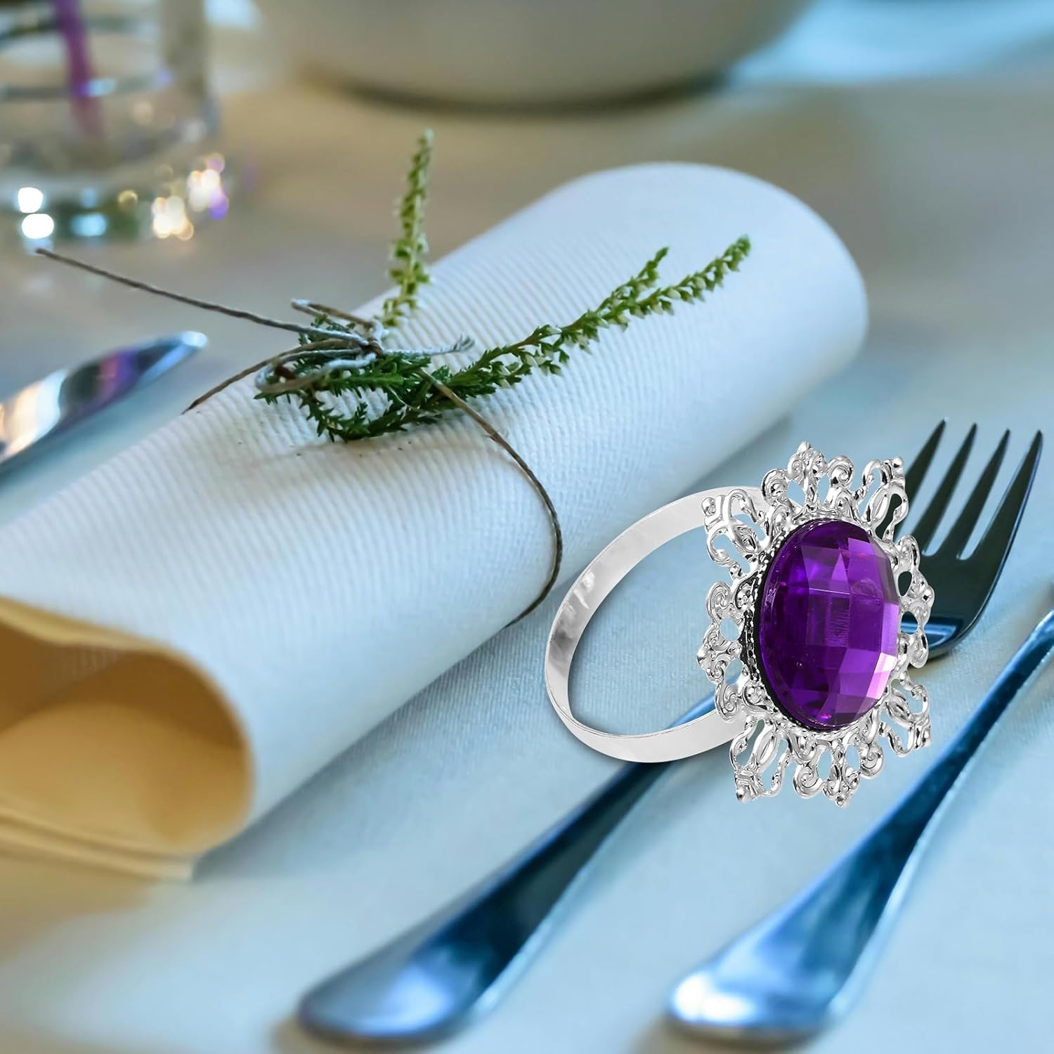 FRCOLOR 24PCS Napkin Rings Napkin Holder for Cloth Napkins, Vintage Metal Serviette Buckles for Wedding Reception, Banquet, Dinner Party & Holiday Table Decor, Purple