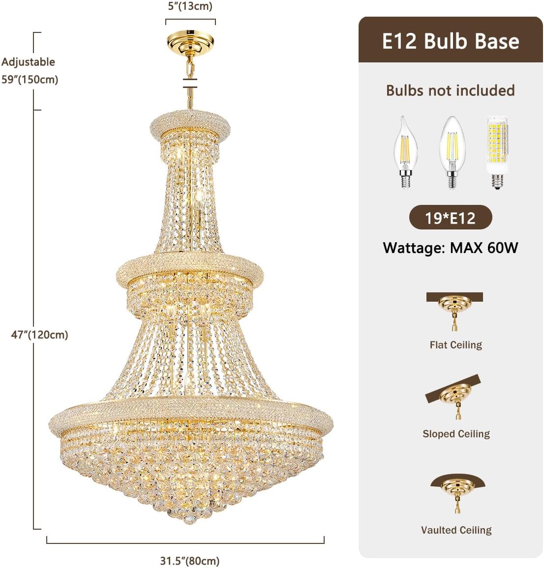 19-Lights High Ceiling Chandelier Modern Gold Crystal Chandeliers Large Foyer Chandelier Fixtures for Staircase Living Room Hallway Entryway (H47 x W31.5)