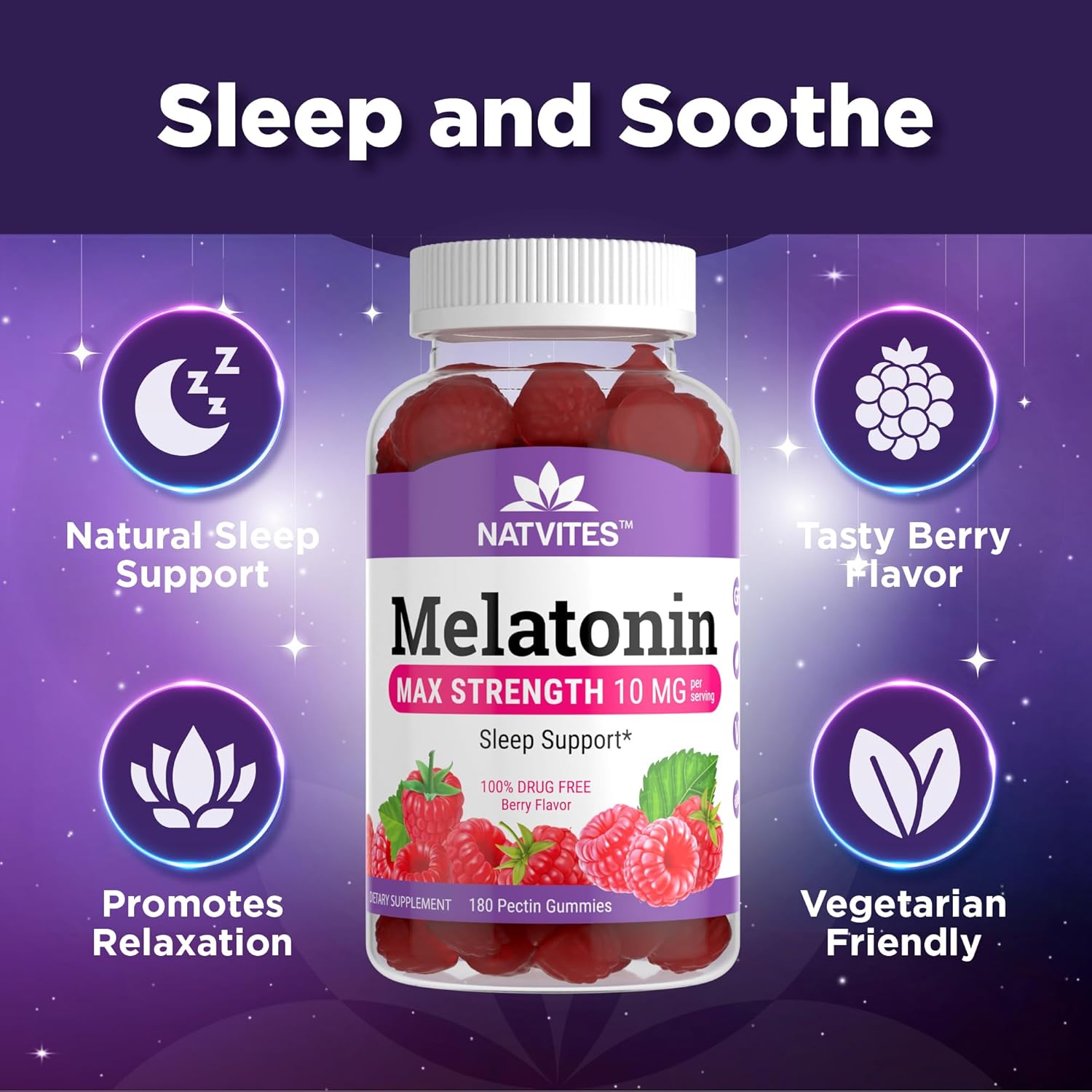 Melatonin Gummies Max Strength 10mg Pectin Gummies, Helps with Sleep Support, Berry Flavor Gummy, 100% Drug Free, 180 Count (Pack of 1) - Image 2