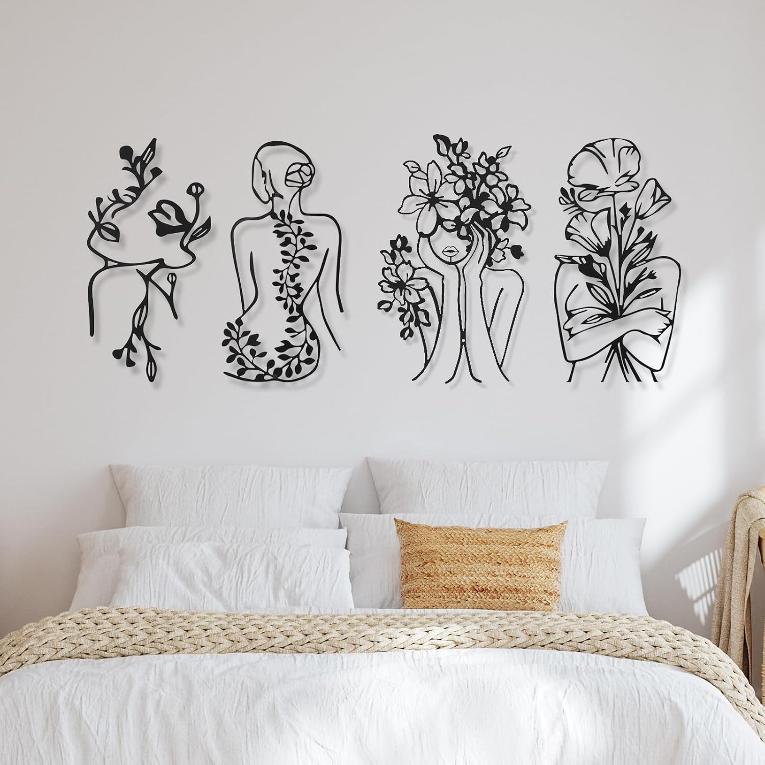 Therwen 4 Metal Wall Art Decor Minimalist Abstract Woman Single Line Drawing Wall Art Female Home Decor Hanging Art Print for Bedroom Bathroom Living Room, Black 17 x 10 in(Stylish Style)
