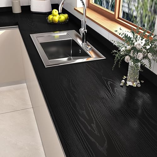 Miniatura 3 de Wallercity Papel adhesivo de madera negra texturizada, papel tapiz autoadhesivo de grano de madera para armarios, encimeras de pared, rollo de
