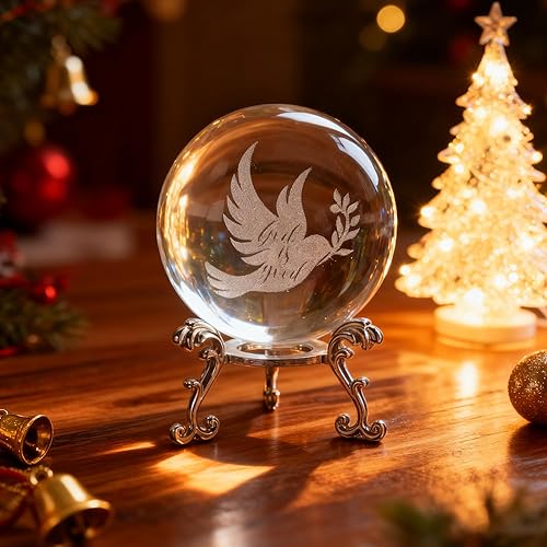 ZEERSHEE Bola de paloma de la paz de cristal de 2.362 in, paloma grabada con láser con rama de olivo, adorno de paloma de cristal con soporte para