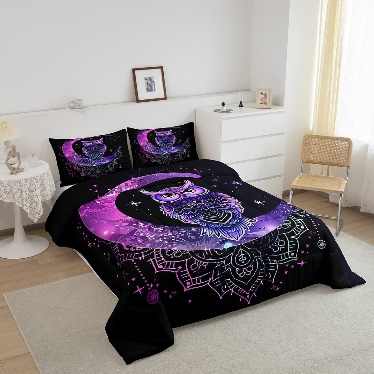 Castle Fairy Teens Purple Owl Comforter Set Queen Size,Boho Dreamcatcher Bedding Set for Kids Boys Girls Bedroom Decoration,Stars Moon Bed Duvet Insert,Galaxy Comforter with 2 Pillowcases