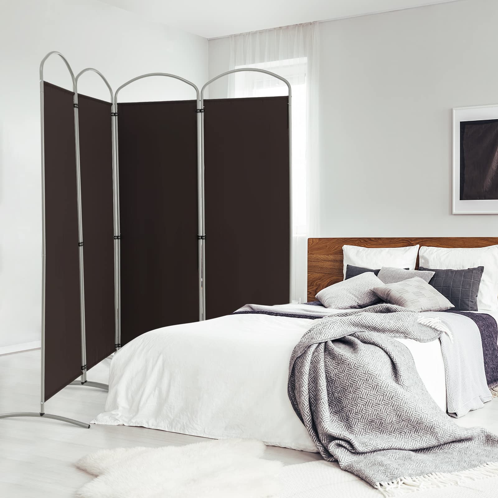 GOPLUS Paravent Pliable à 4 Panneaux, Brise Vue Intérieure et Extérieure avec Support en Métal,Paravent de Chambre Retractable 221 x 188 CM, pour Salon, Chambre, Bureau (Marron)