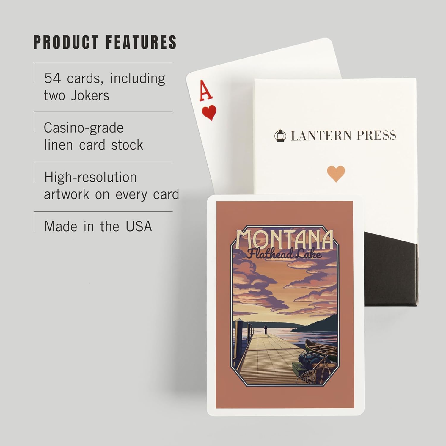 Lantern Press Flathead Lake, Montana, Dock and Lake Scene, 52 Playing Cards for Adults, Poker Size Card Deck