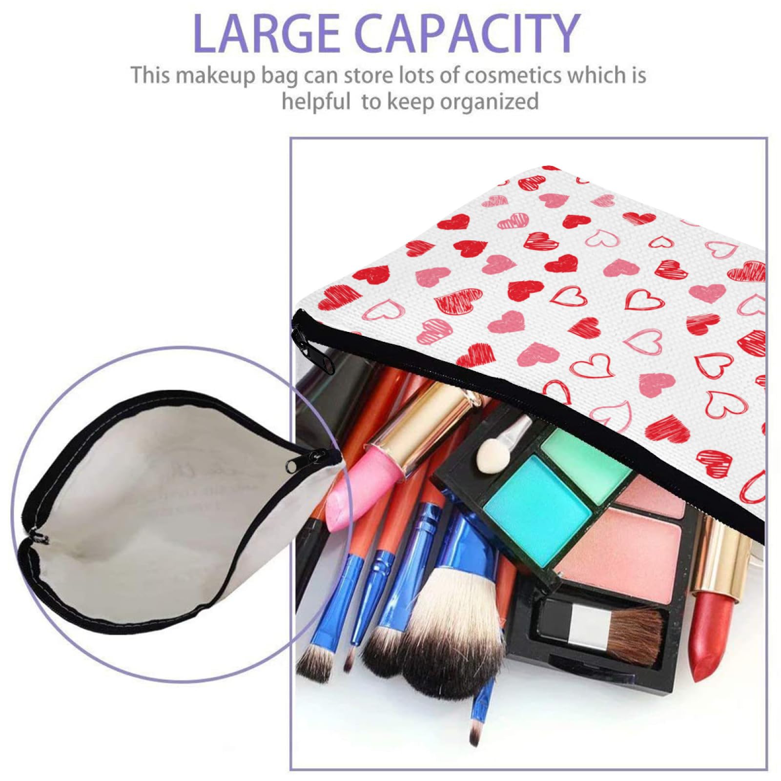 Happy Valentine's Day Love Heart Makeup Bag, Pink Red Zipper Cosmetic Bag - Image 4