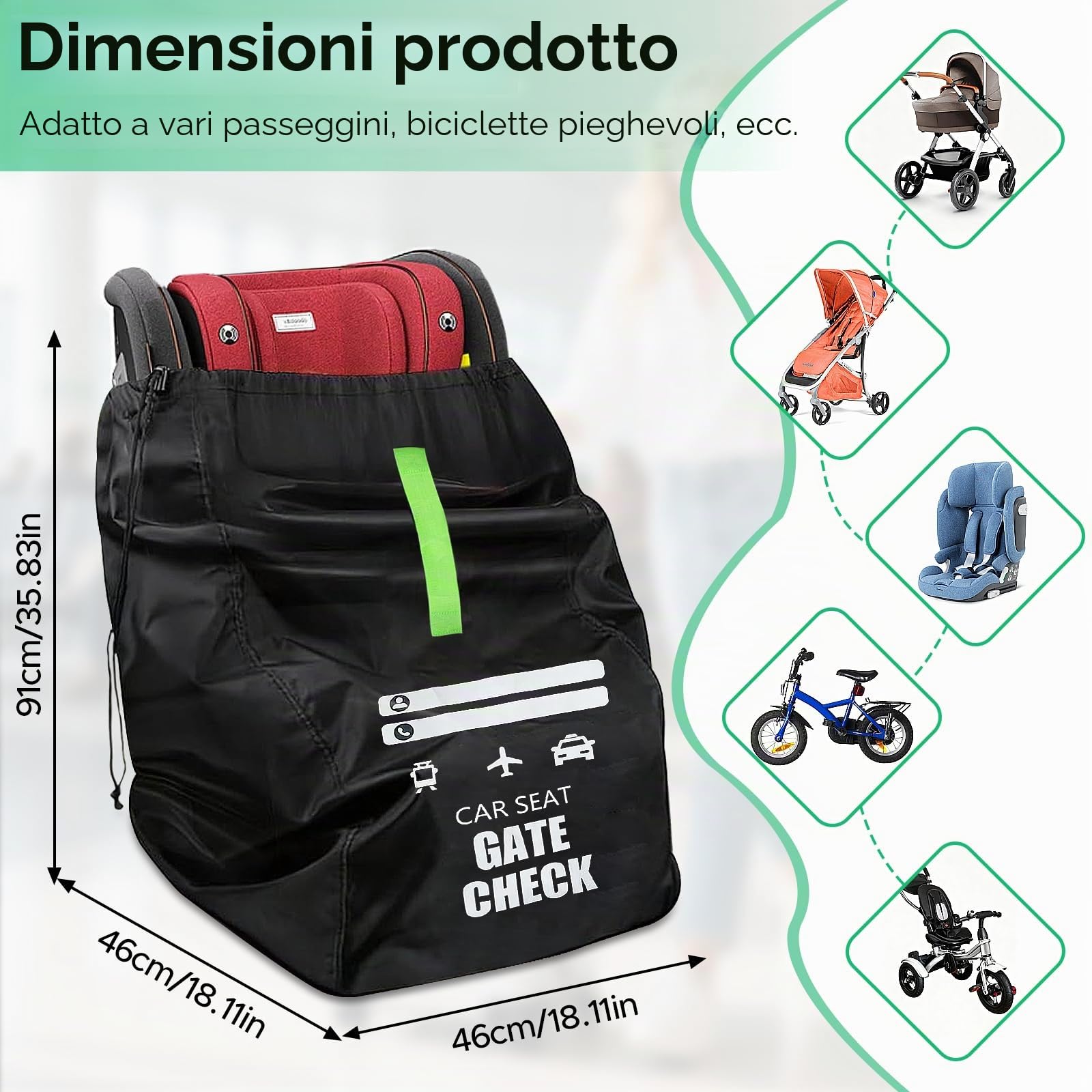 91 × 46 × 46 cm Borsa Passeggino Universale, Borsa per Passeggino Impermeabile Pieghevole con Tracolla, Zaino Passeggino per Viaggi In Aereo, Seggiolini Auto Convertibili e Booster, Nero