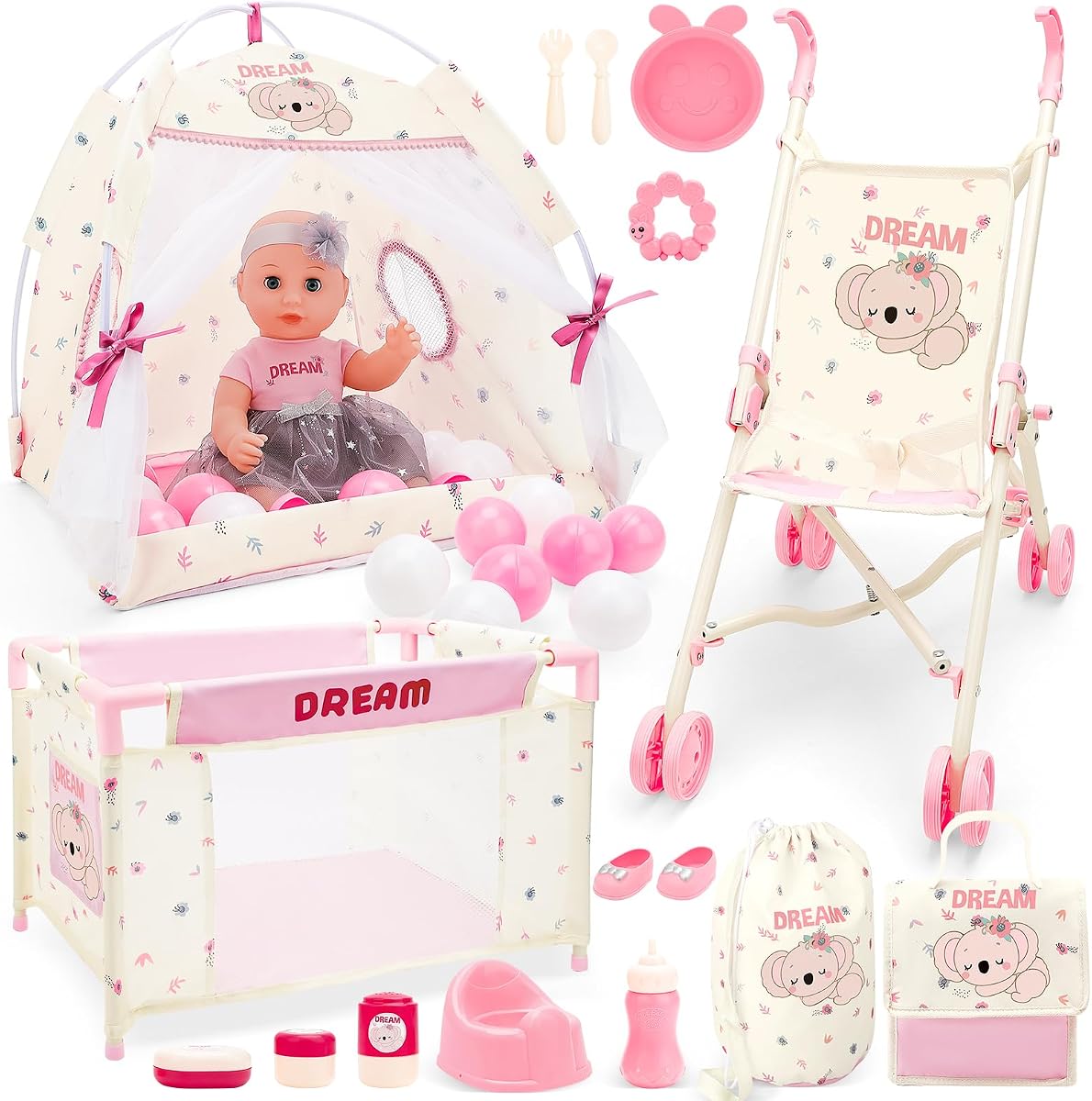 deAO Baby Doll Stroller Crib Playset with Tent Storage Bag and Balls | 25Pcs Pretend Playset with 14" Doll,Foldable Toy Stroller,Fits up to 20" Dolls in Crib,Christmas Gift for Girls Toddlers 3+