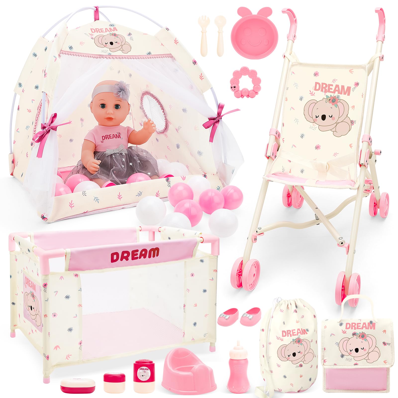 deAO Baby Doll Stroller Playset for Kids Baby Doll Accessories with 14" Doll, Cot and Pram, Play Tent, Feeding Set, Storage Travel Bag and Balls, Pretend Play Nursery Set for Girls Toddlers
