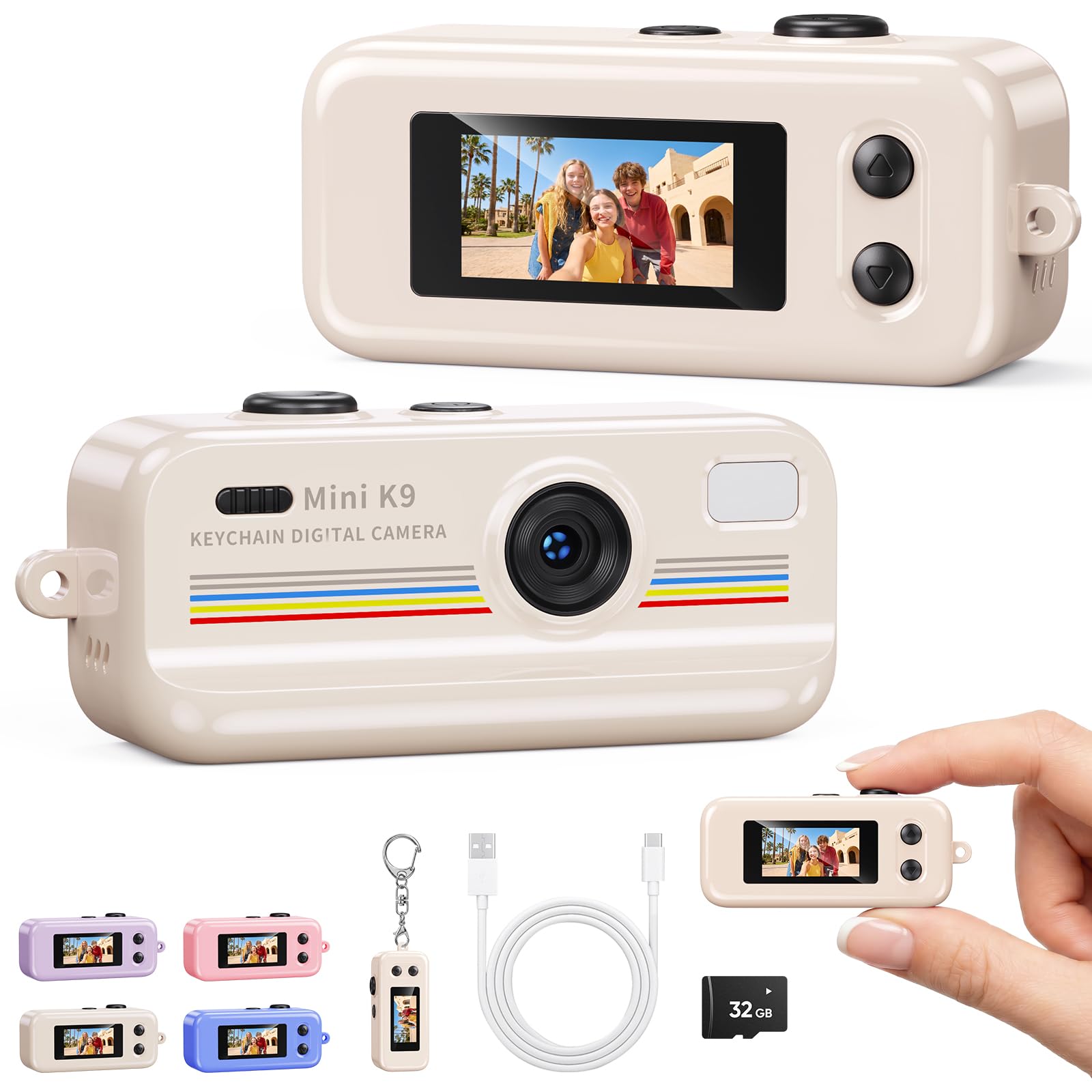 Kizmyee Mini Fotocamera Portachiavi, Piccola Fotocamera Retro 1080P FHD | 2MP, schermo a colori 0,96 pollici, lente anteriore e posteriore, 11 filtri, porta type-c, per viaggi, vlogging, svago