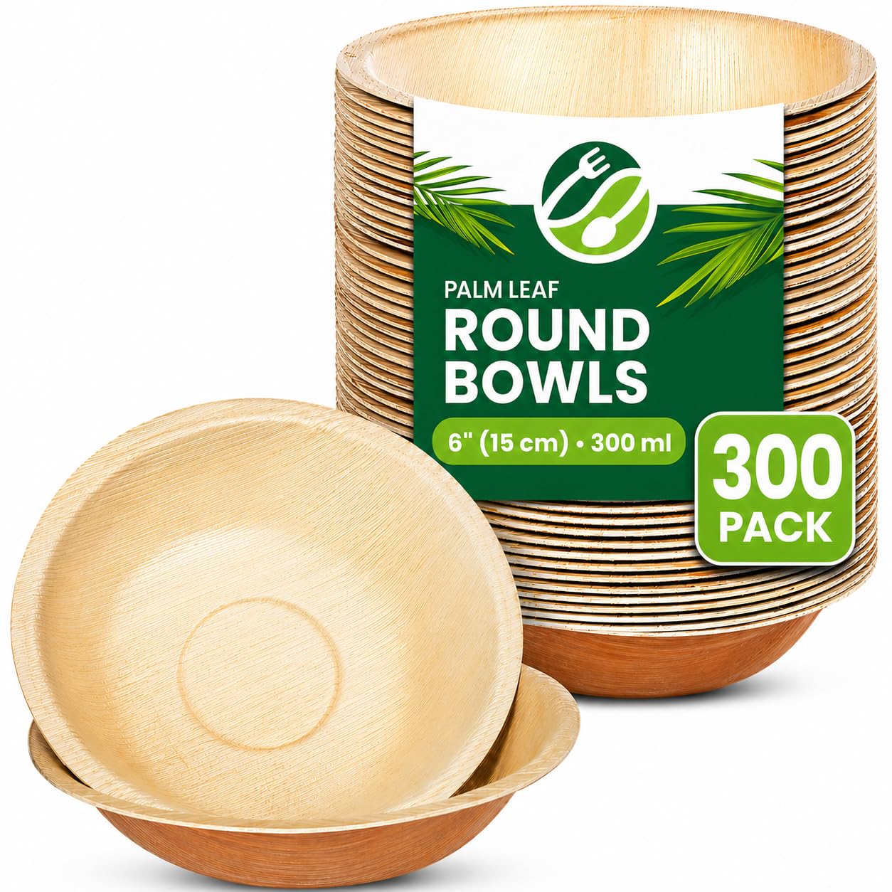 Eco Leaf Products Disposable Palm Leaf Bowls – Pack of 300, 6" (15cm) Round Compostable for Desserts & Salad, Eco-Friendly, Biodegradable, Heavy-Duty, Microwave & Oven Safe – for Weddings & Parties