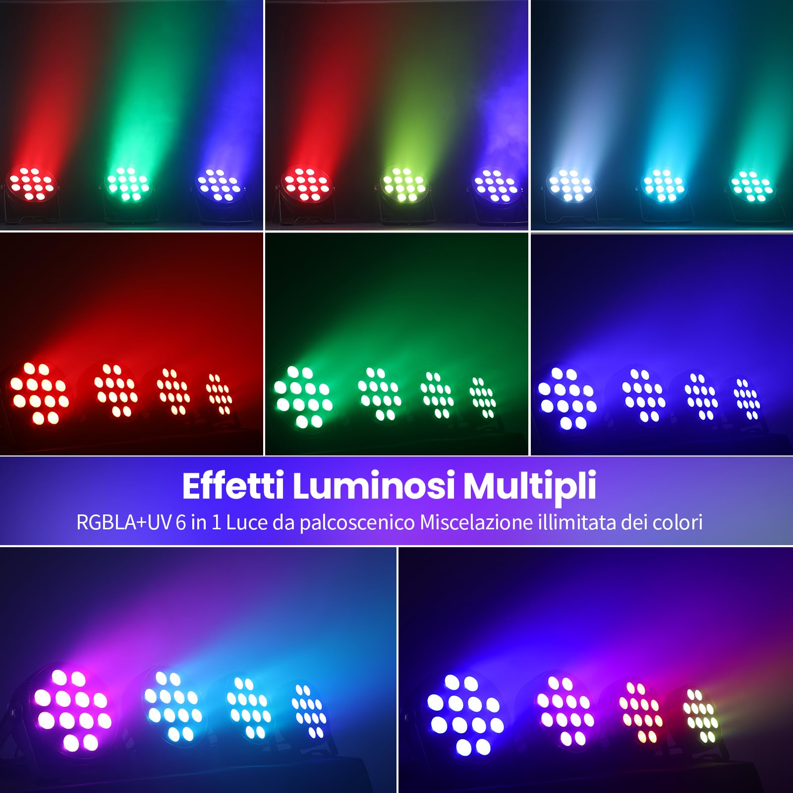 BETOPPER PAR LED 12X18W, Farettore 6-in-1 RGB+Lime+Ambra+UV per Luci DJ con Effetti Wash/Strobe e Uplighting, Controllo DMX512/Attivazione Sonora per Feste, Concerti, Bar, 1PZ