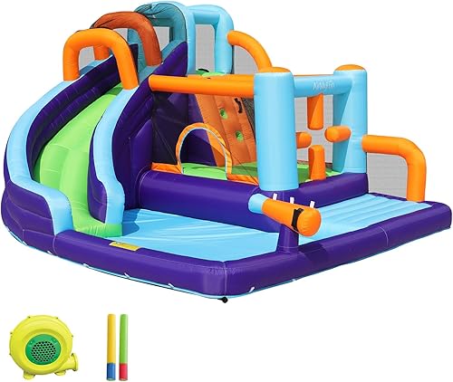 AirMyFun Tobogán acuático inflable, tobogán de gorila para niños, casa hinchable de agua para húmedo y seco con pared de escalada, piscina de salto