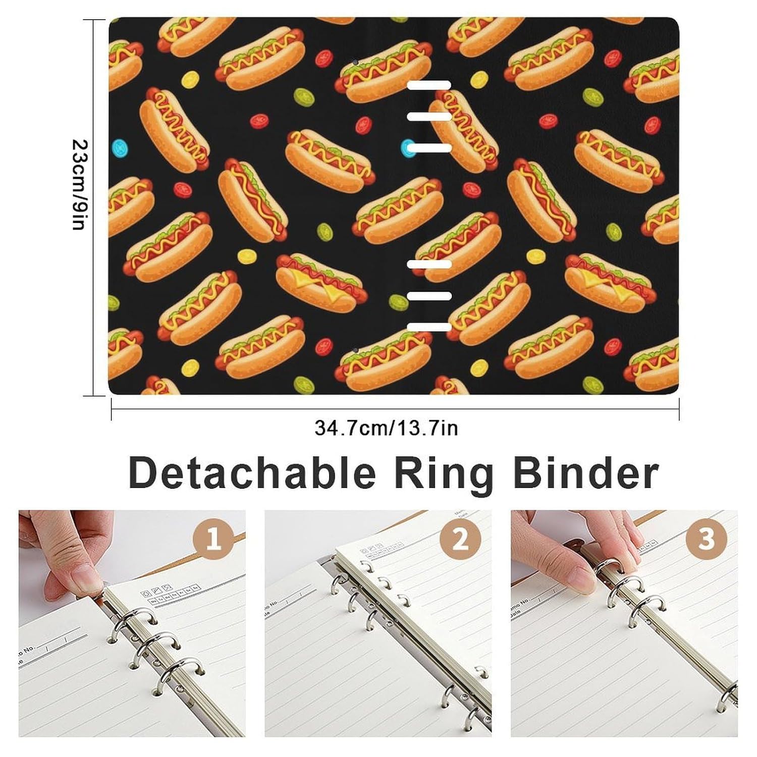 LITPUZC 6 Ring Binder Notebook, Pu Leather Refillable Journal Notebooks Fun Food Candy Dots Hotdog Hot Dogs Personal Planner Organizer Notebook for Writing Business, 90 Sheets