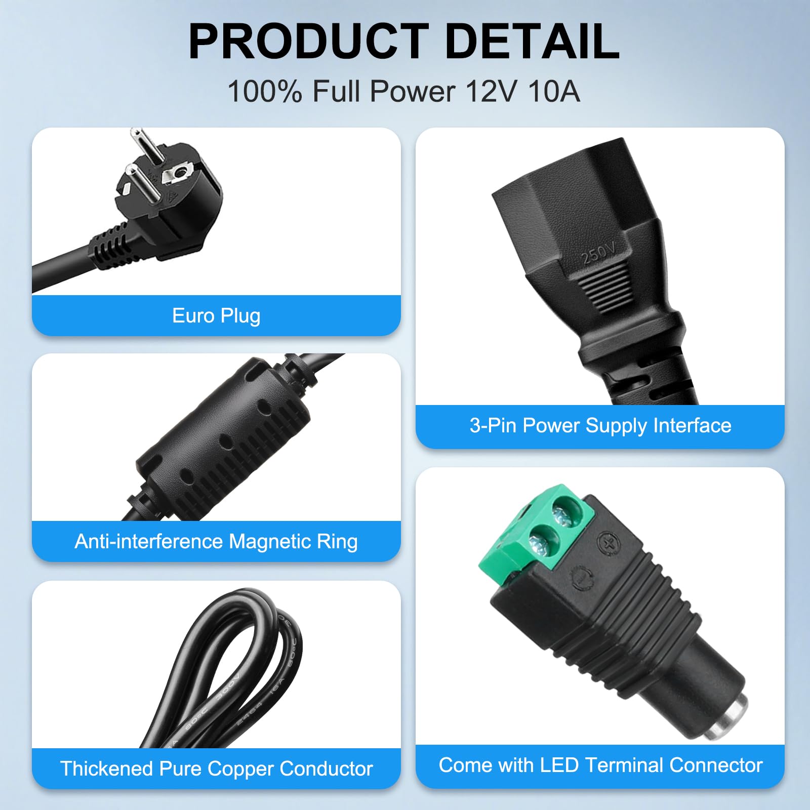 Adattatore di Alimentazione 12V 10A, 120W Convertitore AC 100-240V a DC 12V 10A con Connettore 5,5 x 2,5/2,1 mm Compatibile con Strisce LED, Stampanti 3D, Telecamere CCTV e Dispositivi a 12V