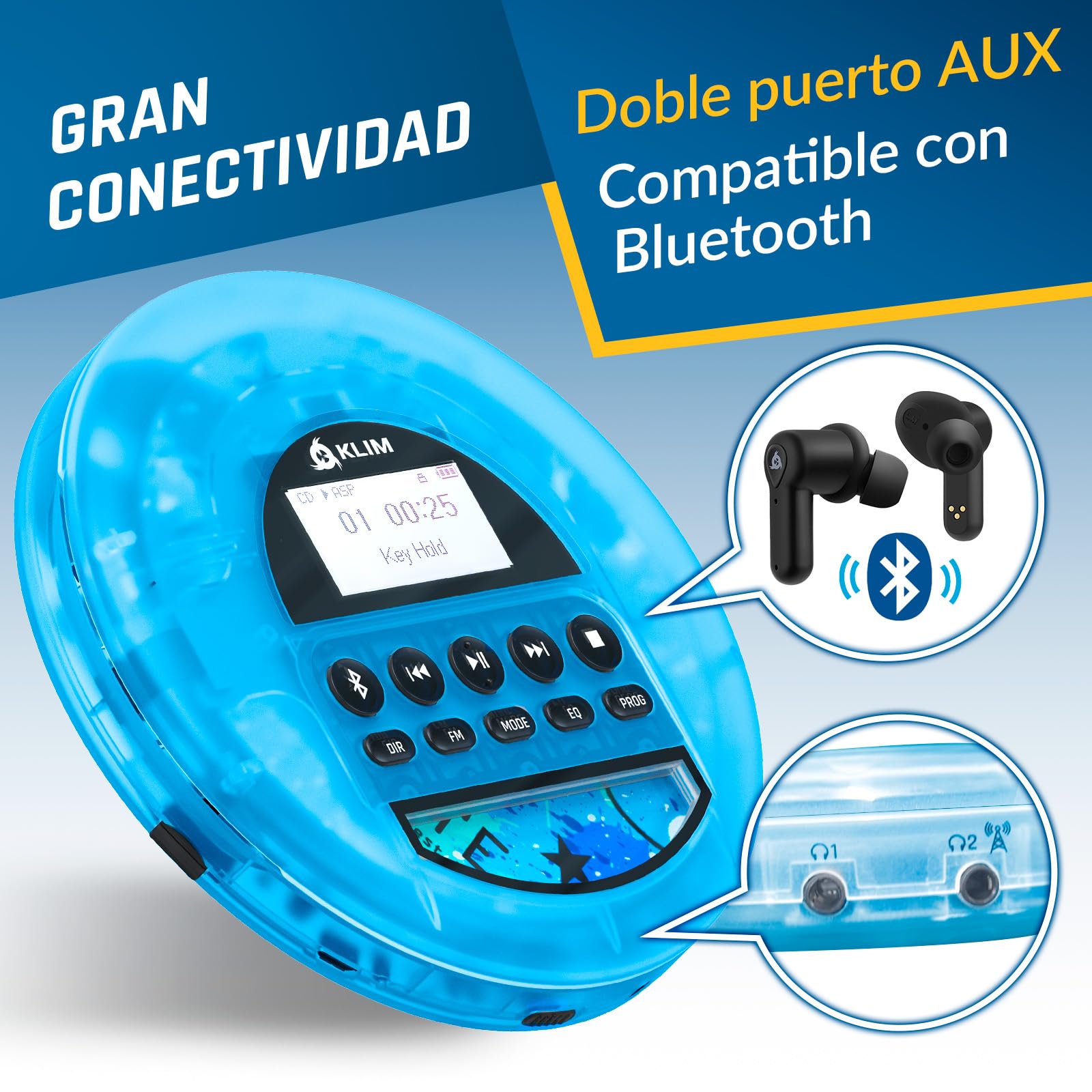 KLIM Nomad Transparent Azul - Reproductor CD portatil - batería Interna de Larga duración - Incluye Auriculares KLIM Fusion - CD Player Mini Compacto, Personal, CD-R, CD-RW y MP3 [Nuevo]