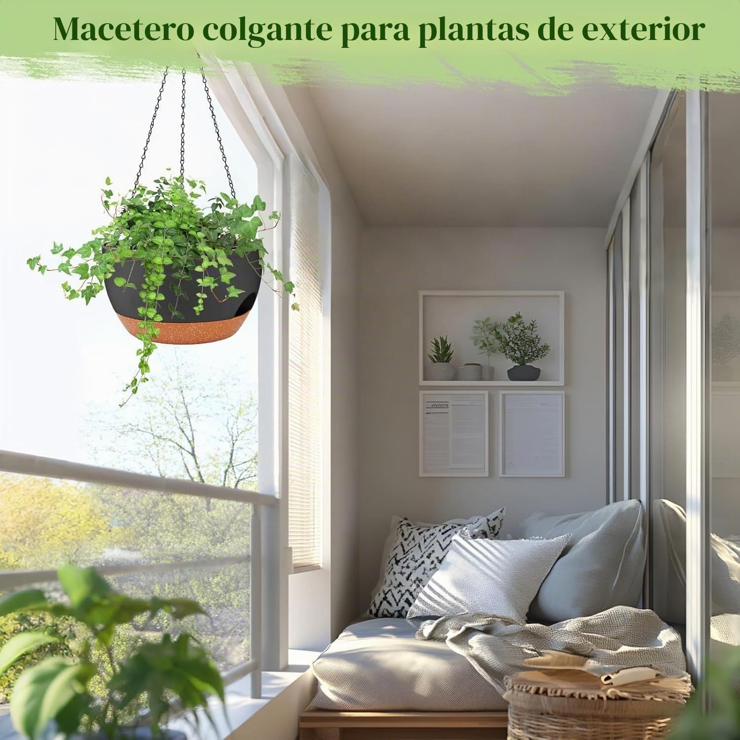 2 Macetas Colgantes Ø24 cm – Juego de 2 macetas Colgantes de plástico con Sistema de riego, Agujeros de Drenaje y Plato extraíble, para Interiores y Exteriores, Gris Oscuro