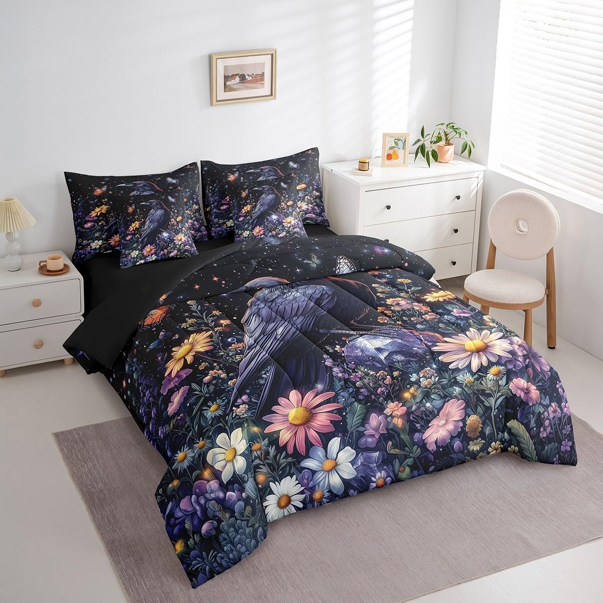 Erosebridal 7 Pieces Raven Bed Sets Queen Crow Black Bird Comforter and Sheets - Halloween Animal Wildlife Bed in A Bag for Kids Teens Adult, Floral Daisy Flower Comforter and Bedding Sheet Set