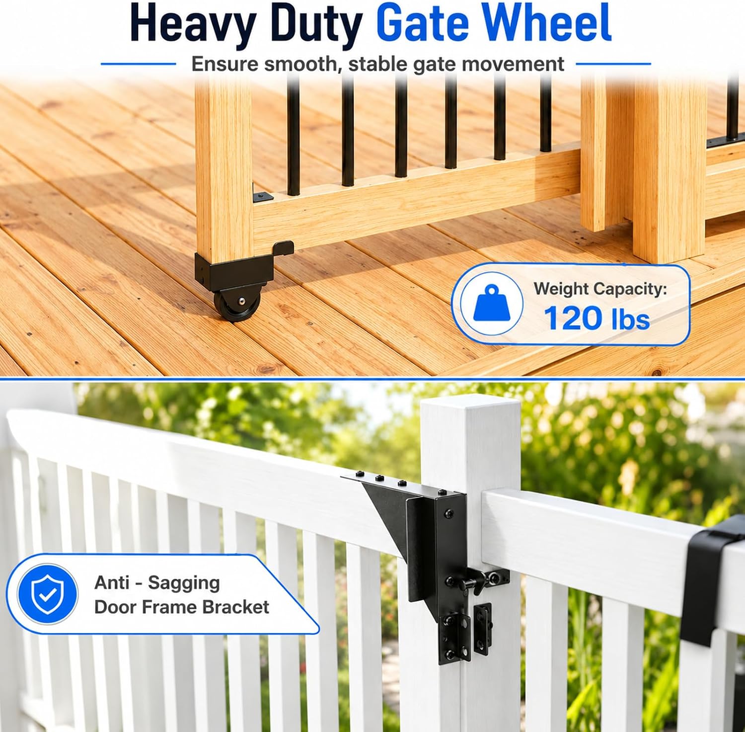Sliding Gate Kit, Heavy Duty Anti-Sag Fence Gate Kit with Roll Wheels for Deck Gate, Universal Fit for 1" to 2" Wood Fences, Smooth Rolling & Quiet, Gate Hardware Kit for Driveway/Porch