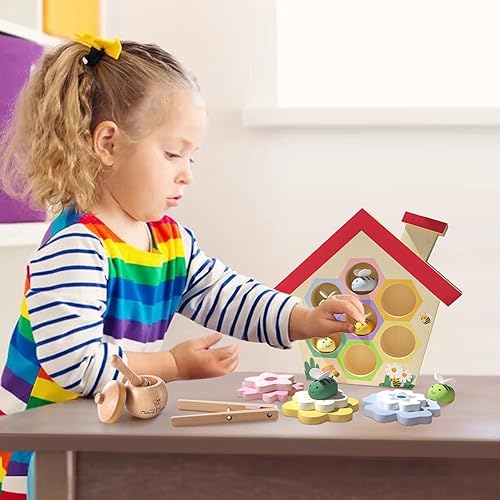 Miniatura 4 de Juego de madera de abeja a colmena, juguete de habilidad motriz fina para niños pequeños, juguetes Montessori de clasificación de colores apilables