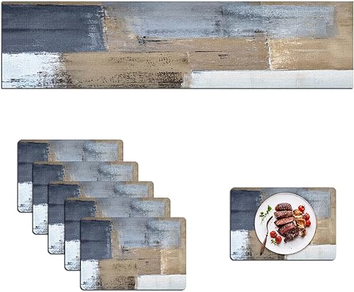 Miniatura 10 de MCALK Juego de 6 piezas de camino de mesa y manteles individuales de color gris oscuro, mantel individual gris, manteles individuales de tela para