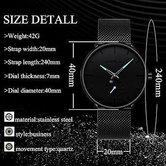 Infinite U Infinito U Wrist Watch Black Ultra Thin Mens Minimalist Trendy Casual Waterproof Quartz Watch with Black Stainless Steel Band