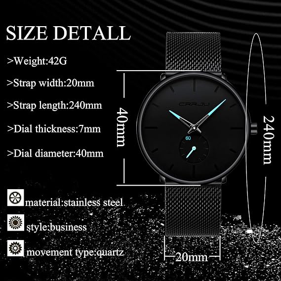 Infinite U Infinito U Wrist Watch Black Ultra Thin Mens Minimalist Trendy Casual Waterproof Quartz Watch with Black Stainless Steel Band