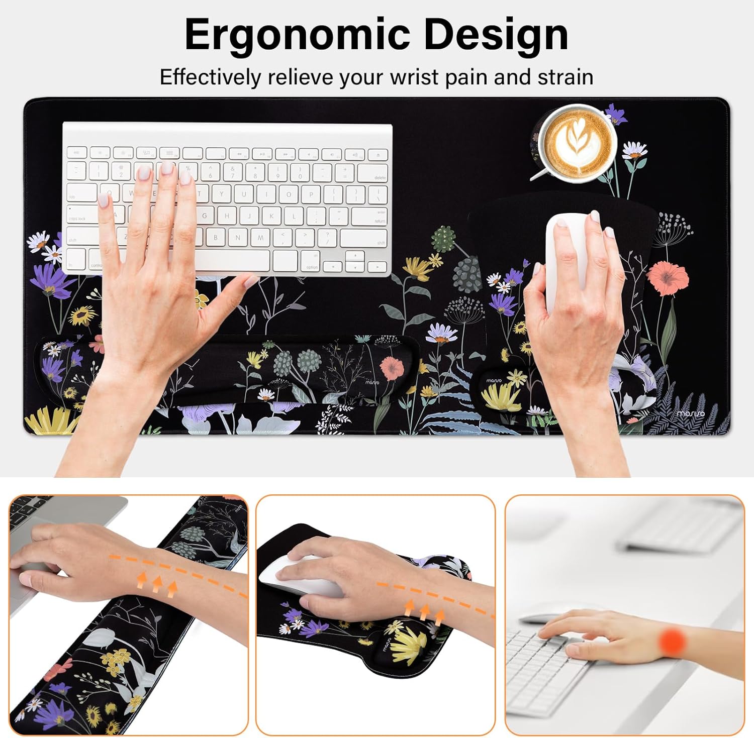 MOSISO 360 Protective Laptop Sleeve Compatible with 13-13.3 inch Notebook,Dainty Flower Mouse Pad&Keyboard&Mouse Wrist Rest&Coaster&Rectangle Quilted Bag with Handle&Pocket&Small Case&Belt, Pink&Black