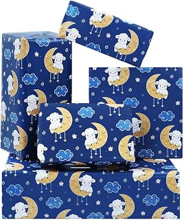 Happy Eid al-Fitr Al-Adha Mubarak Blue Gift Wrapping Paper Set of 4 Sheets Folded Flat (1 Designs,4 Sheets, 28 inch X 20 inch Per Sheet,15 sq ft.ttl) in Sheep Lamb on Moons Sweet Design With Stars