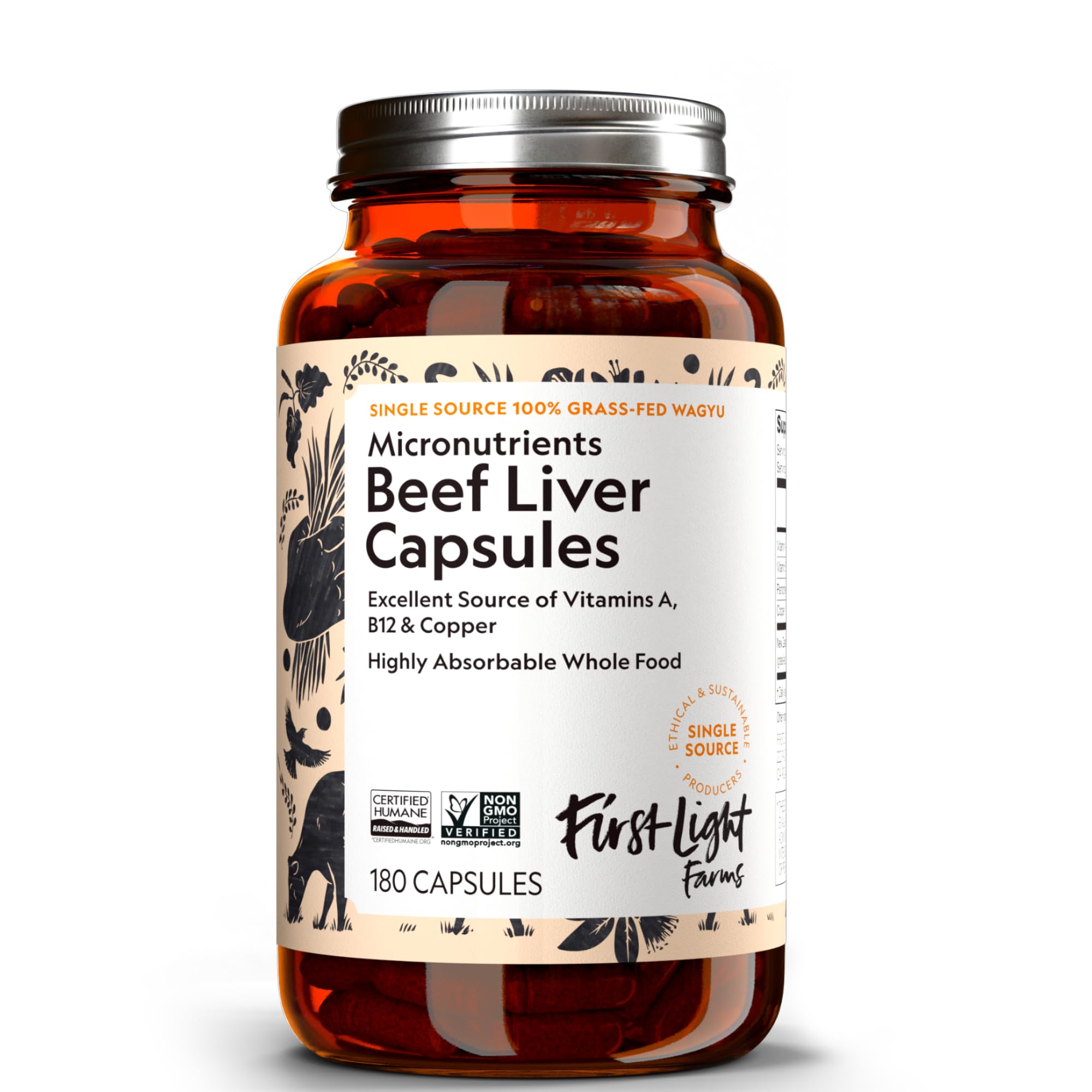 First Light Farms Grass-Fed Beef Liver Capsules | Nutrient-Dense Whole Food Nutrition, Freeze-Dried, Grassfed & Certified Humane | 180 Capsules for Energy, Immunity, and Overall Wellness