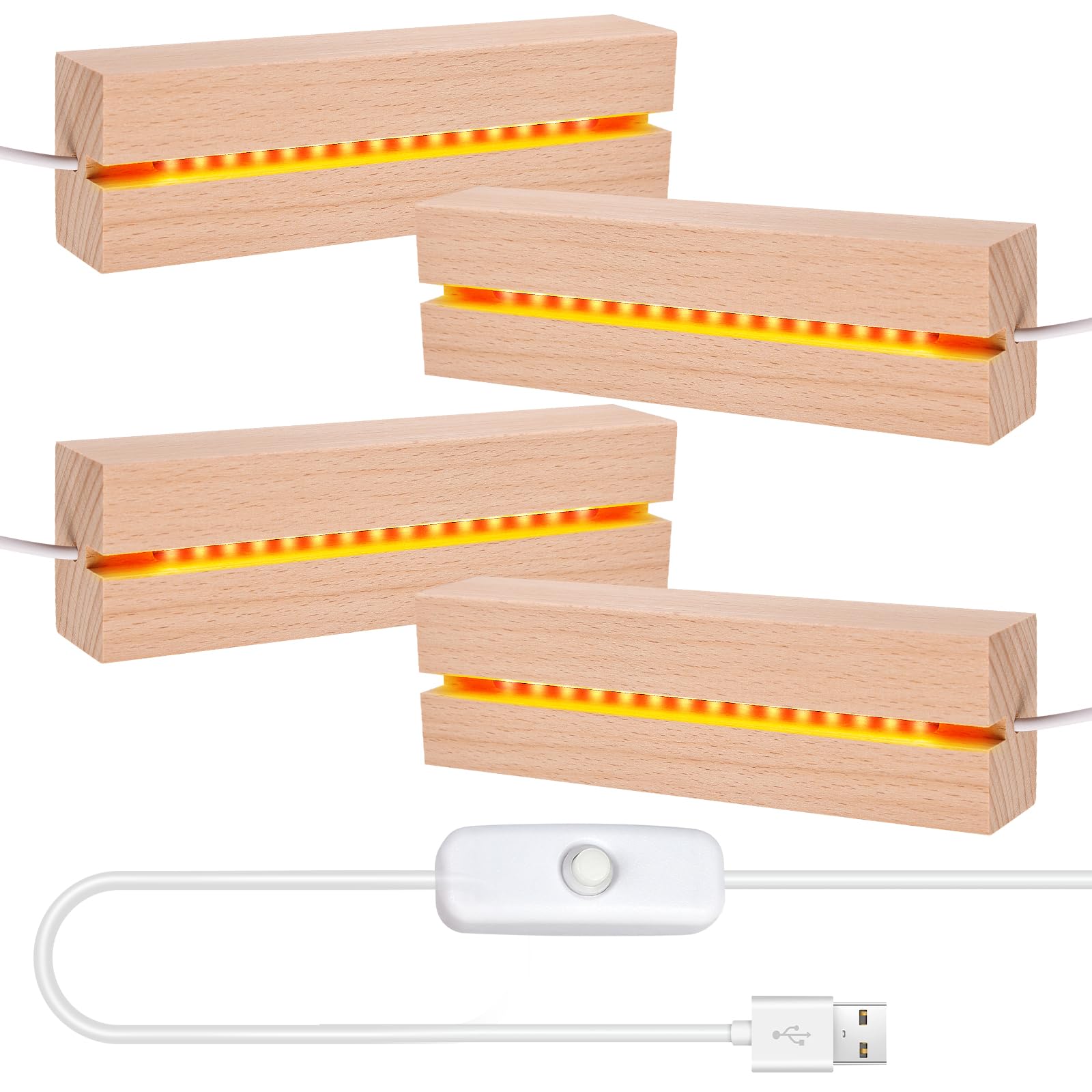 BORDEAG Set di 4 basi in legno LED rettangolari USB, 15 cm, bianco caldo, elegante supporto in legno per vetro acrilico, cristallo, resina, opere d'arte