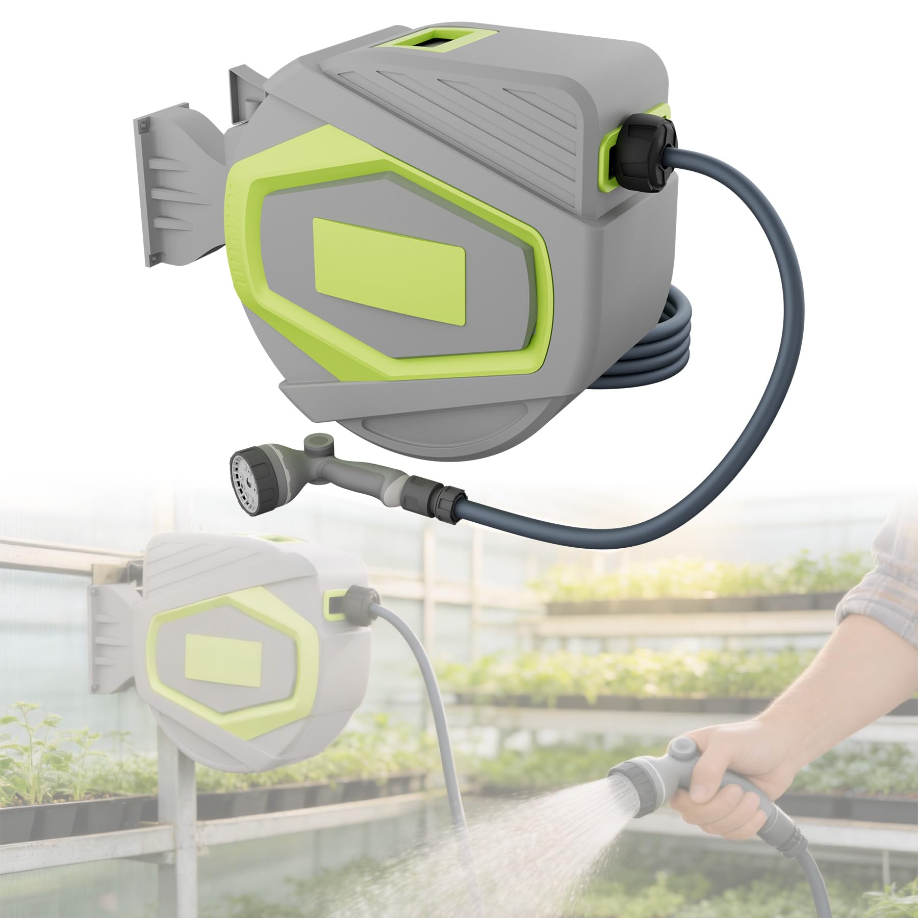 ACXIN Schlauchtrommel Wasser 30 m, Gartenschlauch Trommel mit 10‑Funktions Sprühdüse, Automatischer Schlauchaufroller, 180° Schwenkbare Wandhalterung, Wasserschlauch Trommel Garden Hose, Grau + Gelb