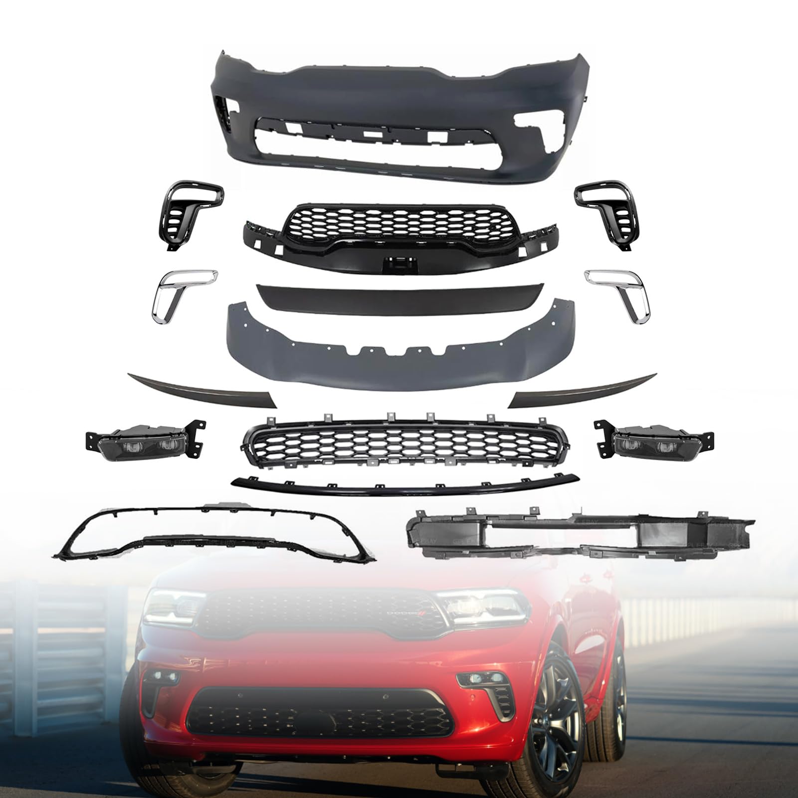MGWILL Front Bumper Cover Kit Compatible with 2021 2022 2023 Dodge Durango SRT, GT, SXT, R/T W/Upper Grille Lower Grill & Fog Lights - Full Body Set